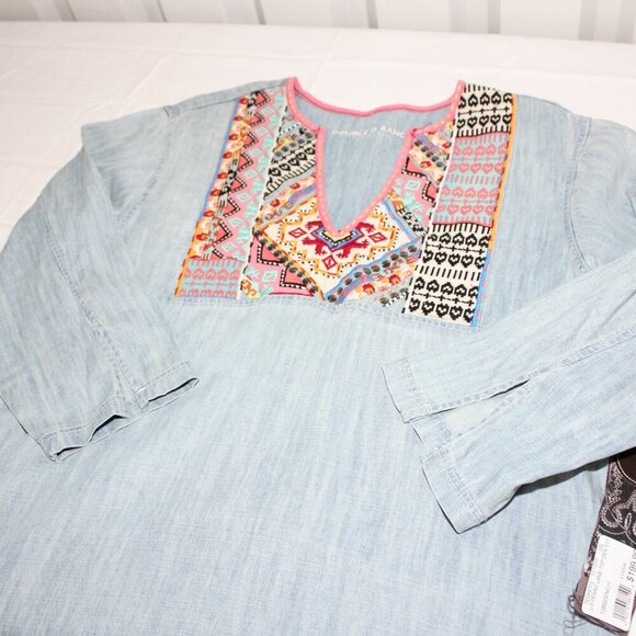 Double D Ranch Womens Embroidered Tunic Tencel Linen Size Small 3/4 Sleeve VNeck - Picture 3 of 8